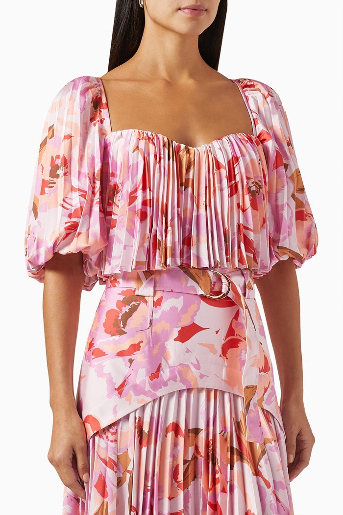 

Lothair Floral-print Pleated Crop Top in Satin, Pink