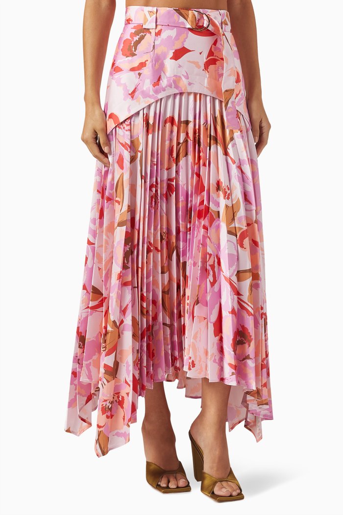 

Lothair Floral-print Pleated Midi Skirt in Satin, Pink