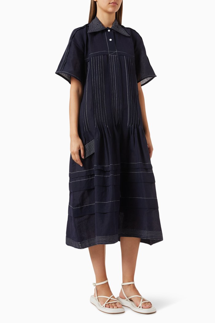 

A-Line Pleated Midi Dress in Linen, Blue