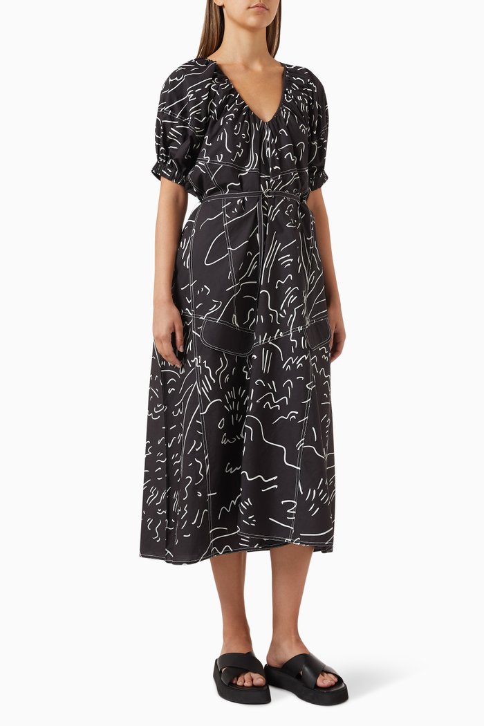 

Abstract Print Midi Dress in Cotton, Black