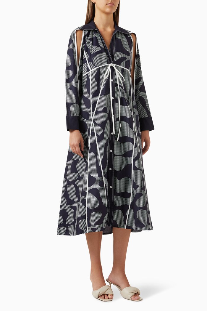 Graphic Print Midi Dress in Cotton, Blue