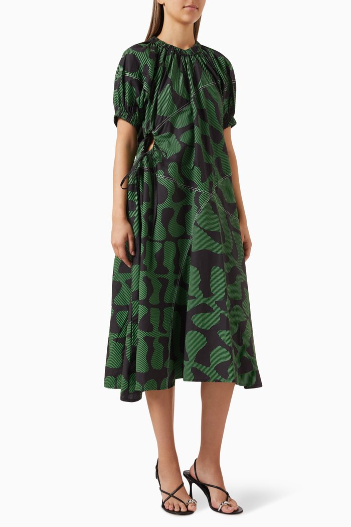 

Printed A-line Midi Dress in Cotton, Green