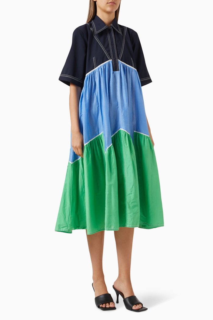 

Colour-block Tiered Shirt Dress in Cotton-silk Blend, Blue