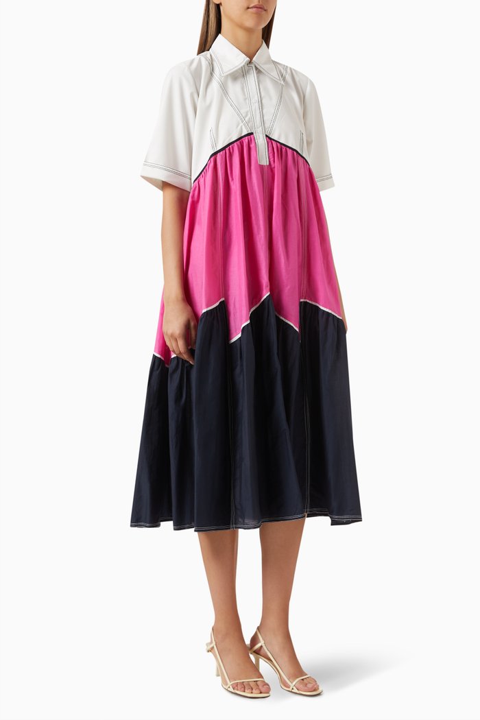 Colour-block Tiered Shirt Dress in Cotton-silk Blend, Multicolour
