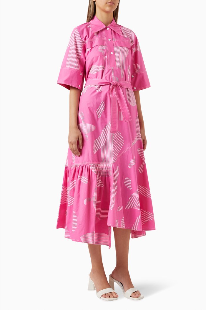 

Printed Pleated Midi Dress in Cotton, Pink