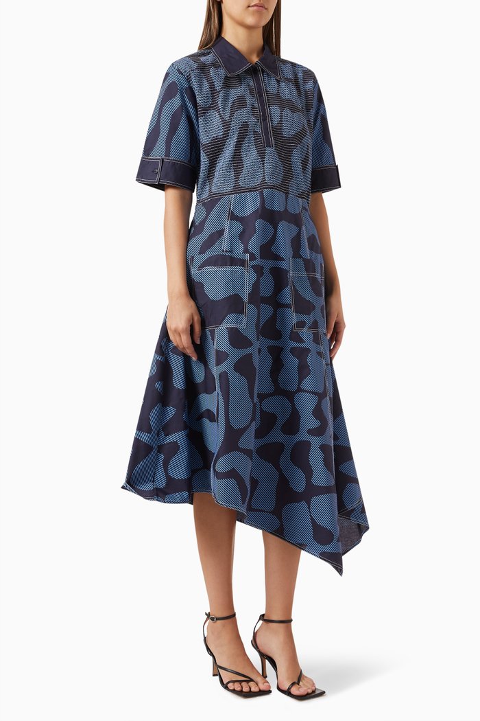 

Printed Asymmetric Midi Dress in Cotton, Blue