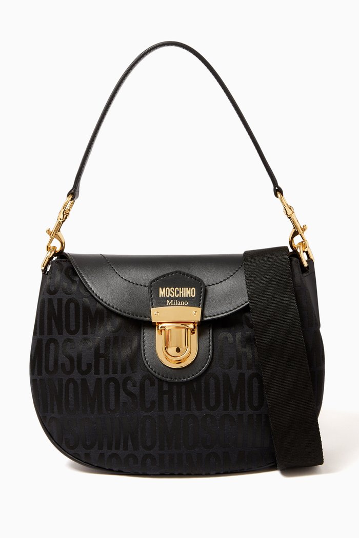 Medium Logo Shoulder Bag in Leather & Jacquard Nylon, Black