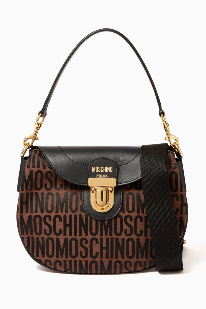 

Medium Logo Shoulder Bag in Leather & Jacquard Nylon, Brown