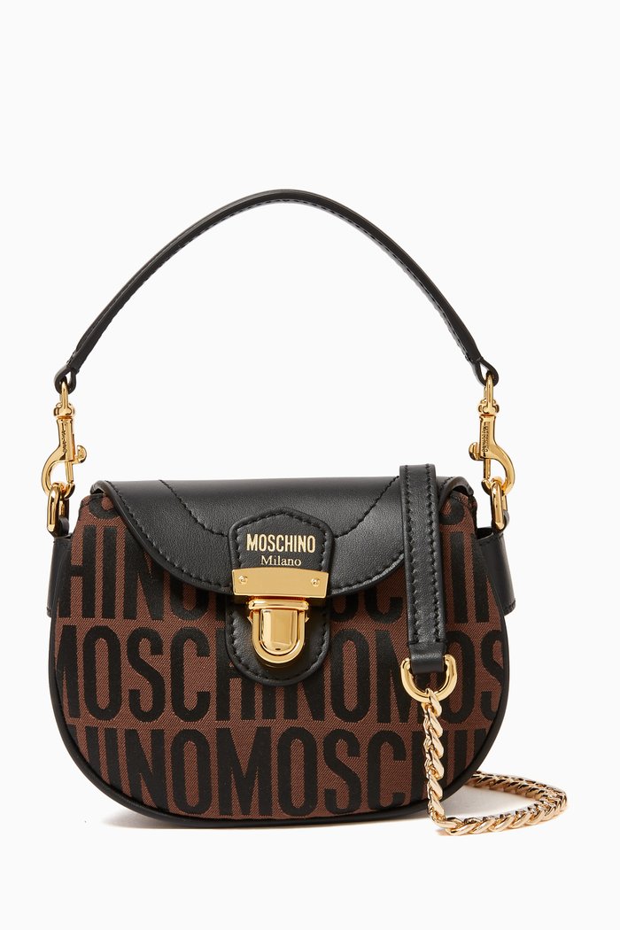 

Small Logo Shoulder Bag in Leather & Jacquard Nylon, Brown