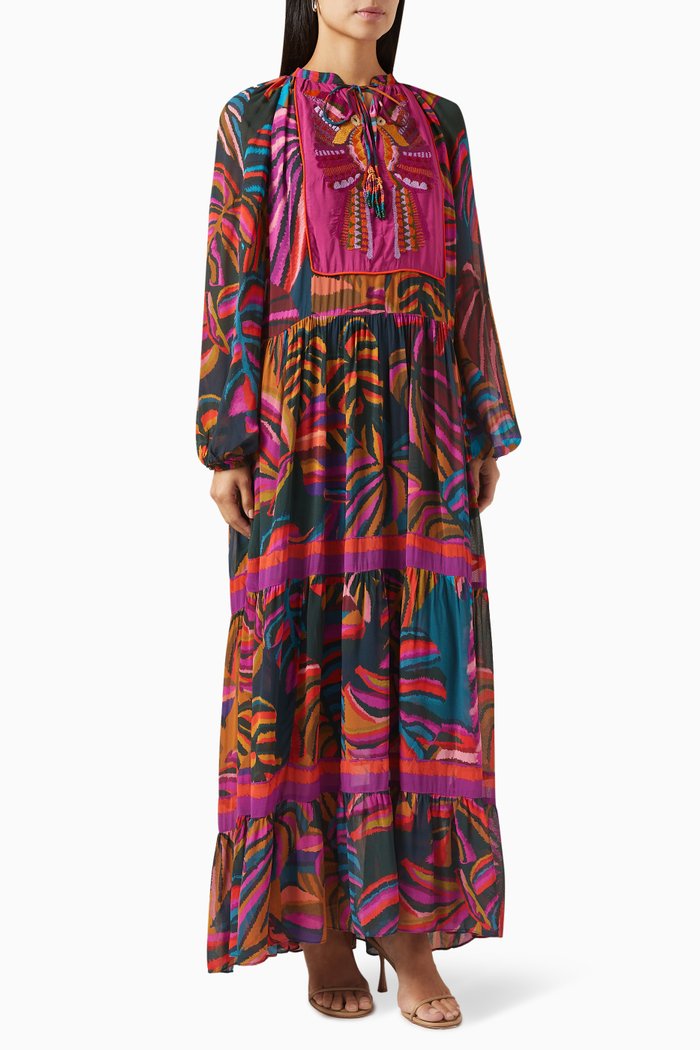 

Graphic Foliage Embroidered Maxi Dress in Viscose, Multicolour