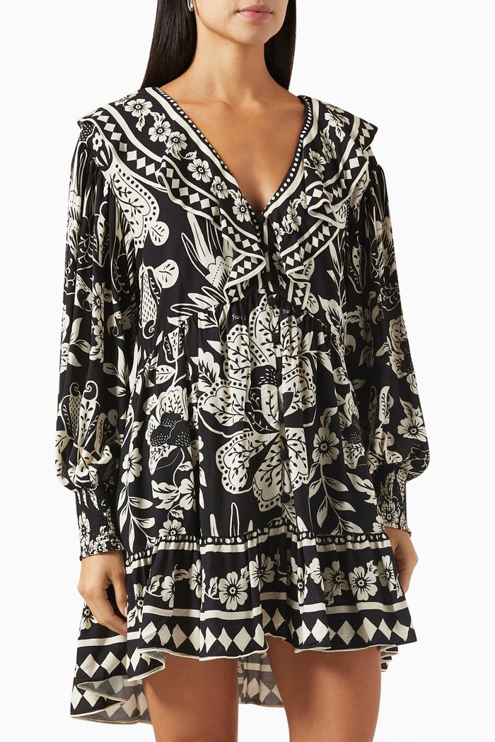 Graphic Floral Mini Dress in Rayon, Black