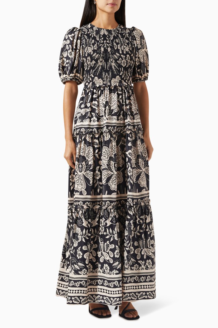 

Graphic Floral Maxi Dress in Rayon, Black
