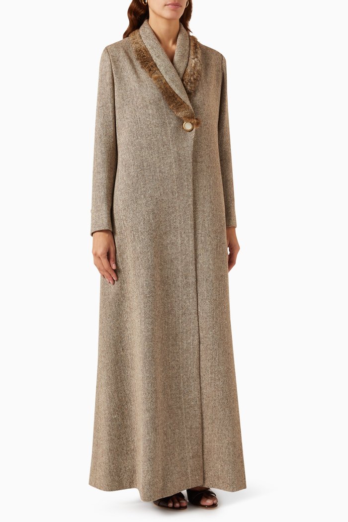 

Fur-trimmed Abaya Coat in Cotton-tweed, Brown
