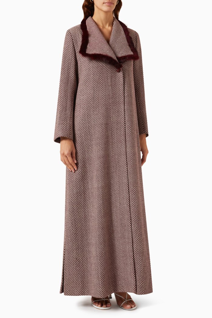 

Fur-trimmed Abaya Coat in Cotton-tweed, Red