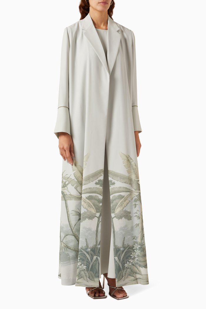 

Palm-tree Printed Abaya Set in Crepe, Grey