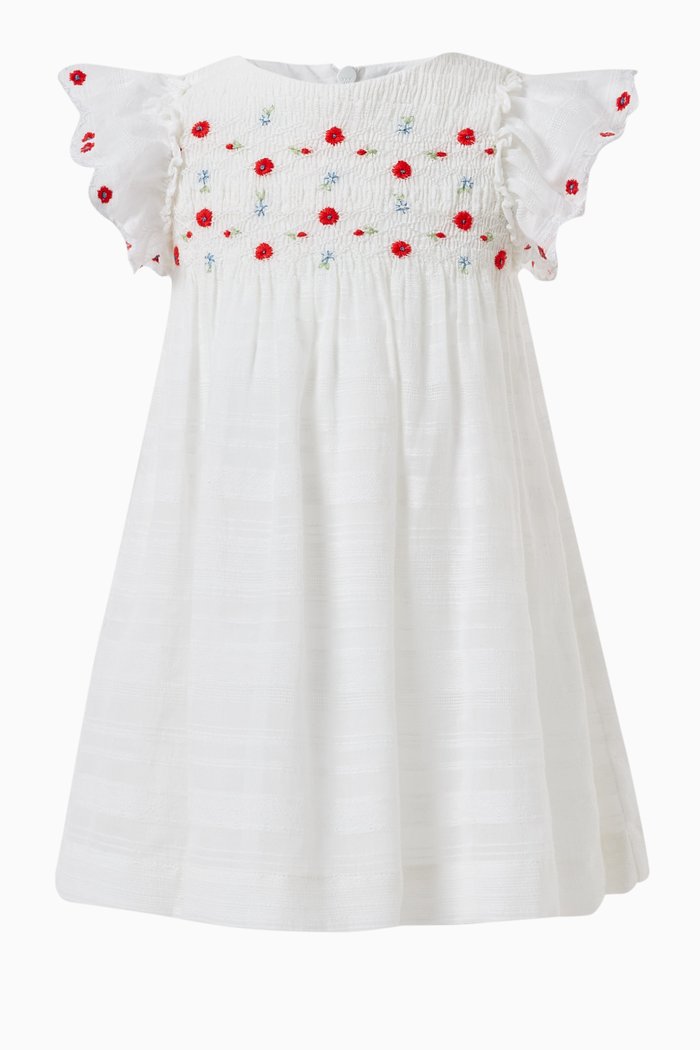 Floral-embroidered Frill Dress in Cotton, White