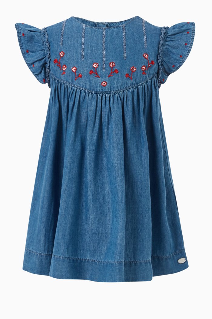 

Floral-embroidered Frill Dress in Cotton-blend, Blue