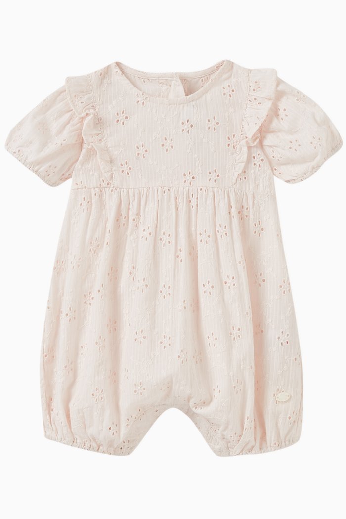 

Cutwork Puff-sleeves Romper in Cotton, Pink