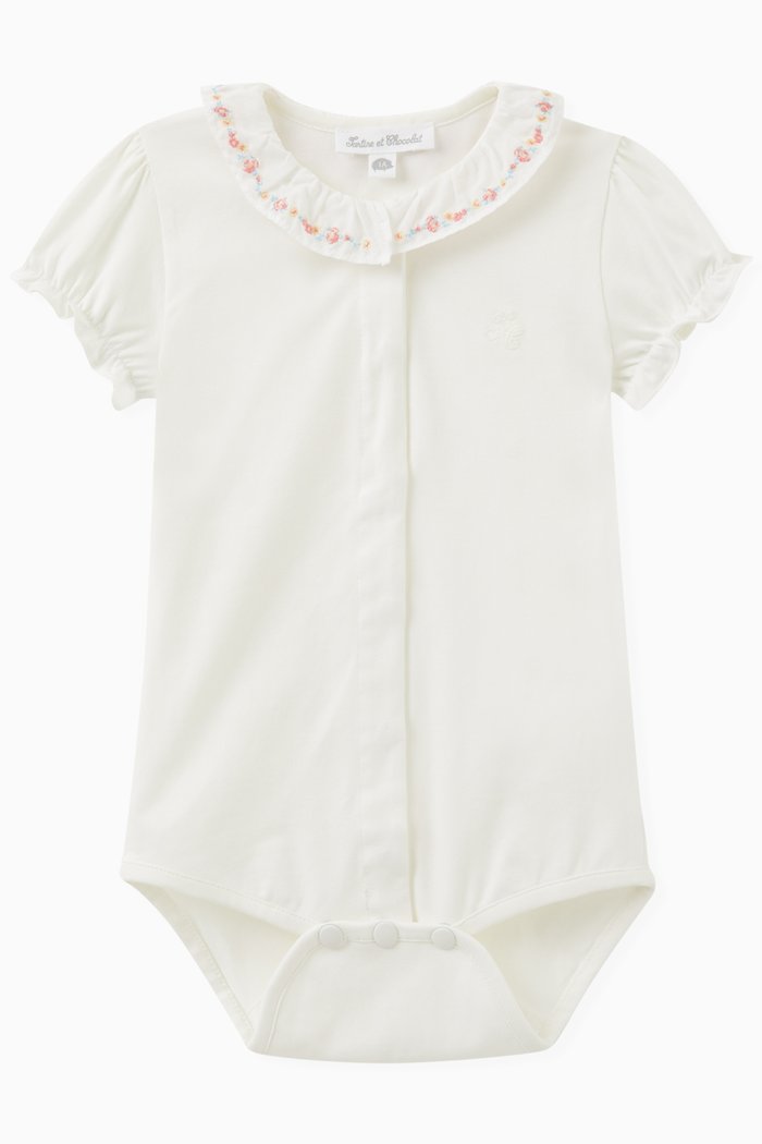 

Ruffled Collar Bodysuit in Cotton Stretch, Neutral