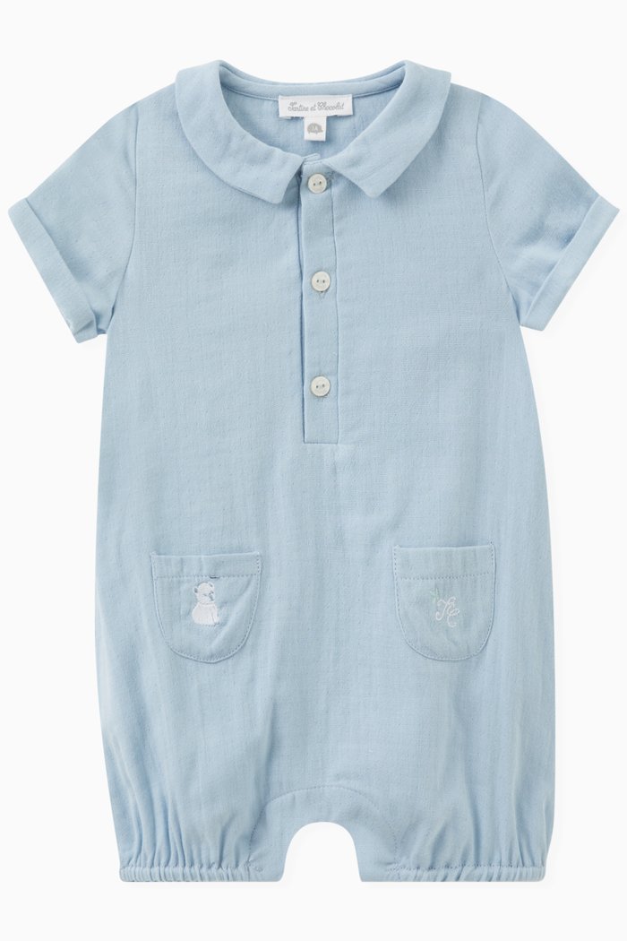 Embroidered Romper in Cotton, Blue