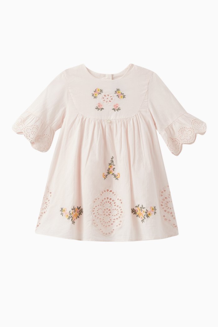 

Embroidered Floral Dress in Cotton, Pink