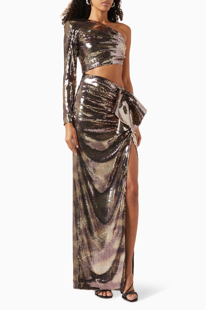 

Gaia Cut-out Maxi Dress in Sequins, Brown