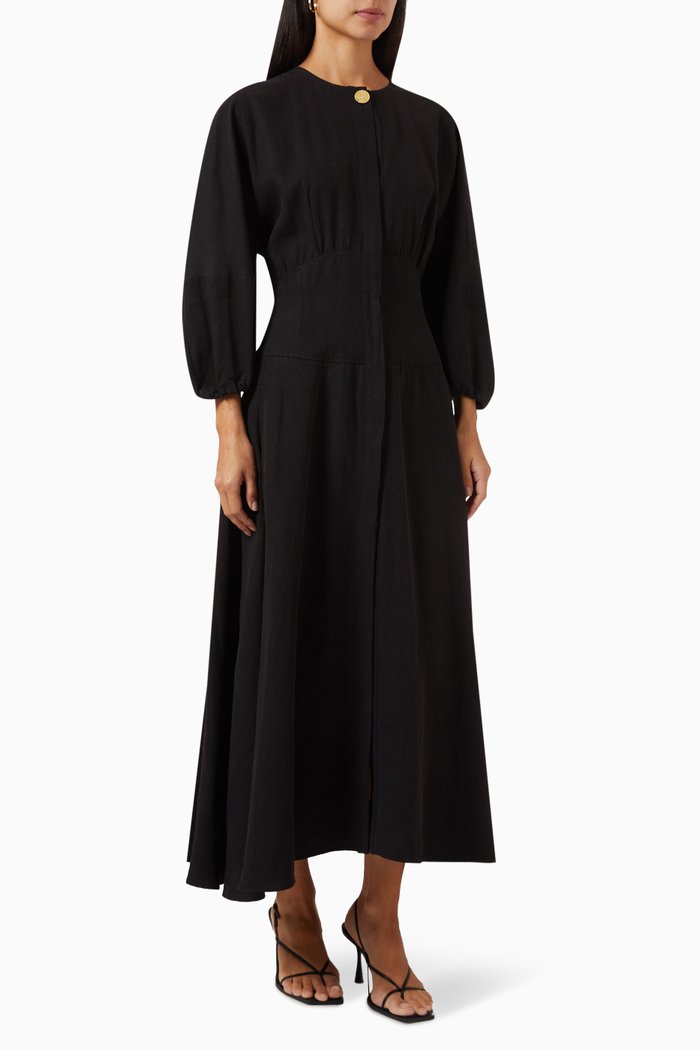 

Helwan Puff Sleeve Midi Dress in Linen, Black