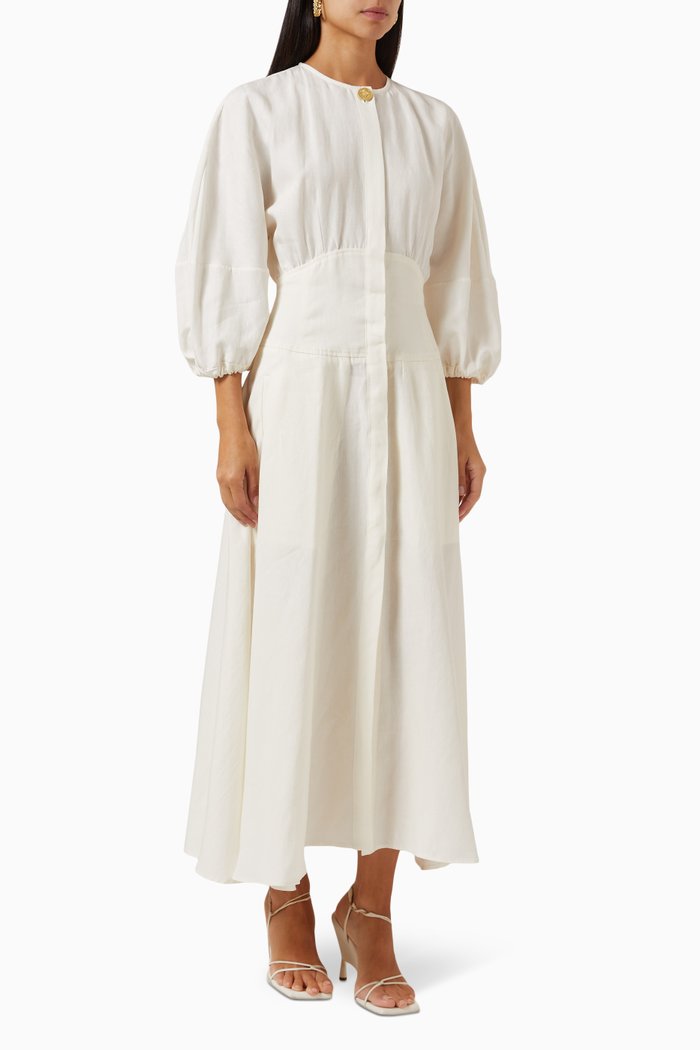 

Helwan Puff Sleeve Midi Dress in Linen, White