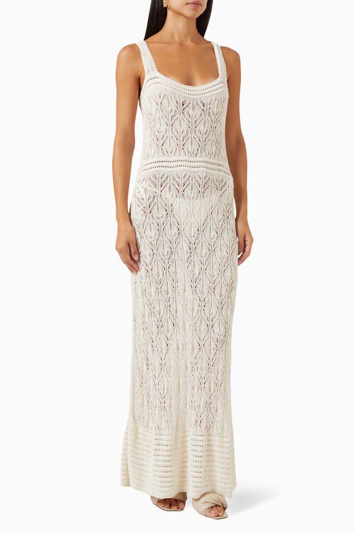 Qara Crochet Maxi Dress in Linen, White