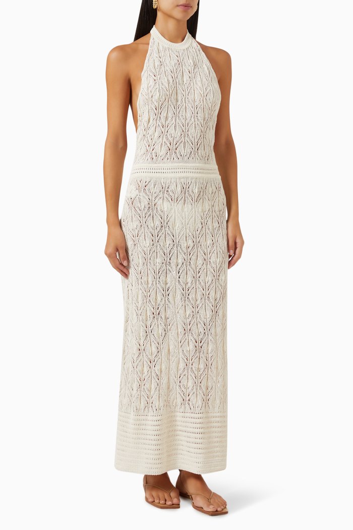 

Qybili Crochet Maxi Dress in Linen, White