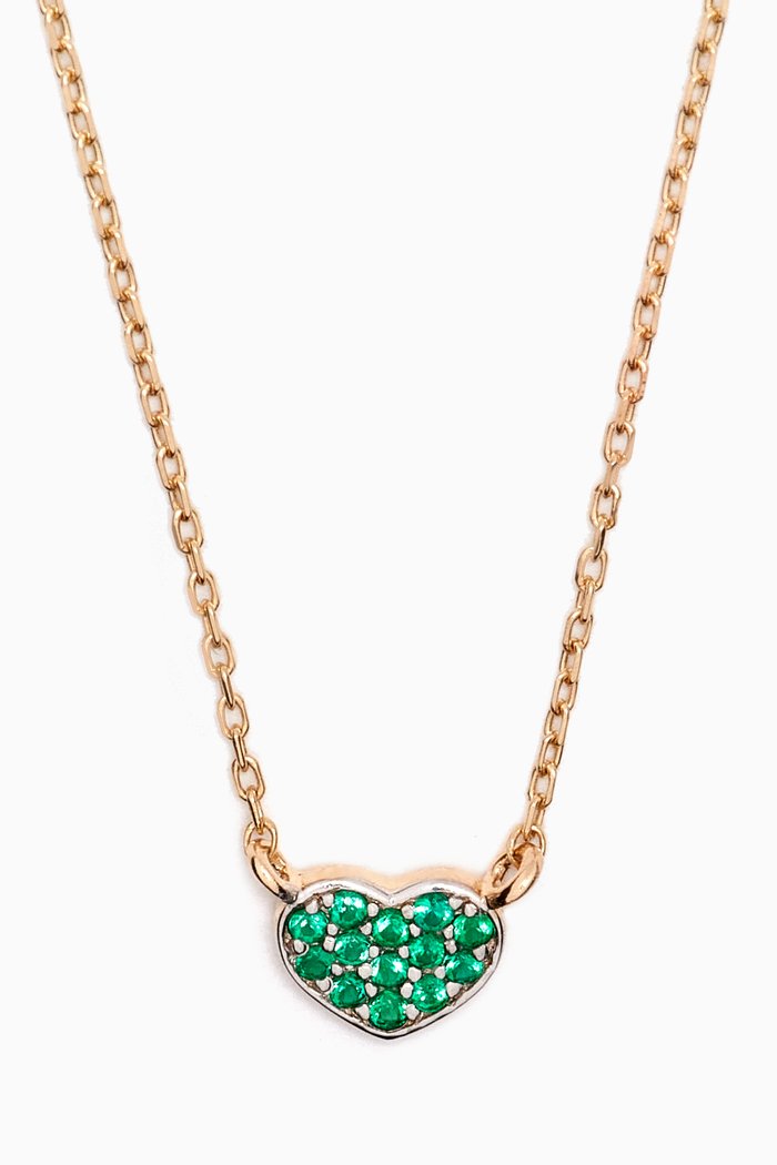 

Mini Pavé Emerald Heart Pendant Necklace in 14kt Gold, Green