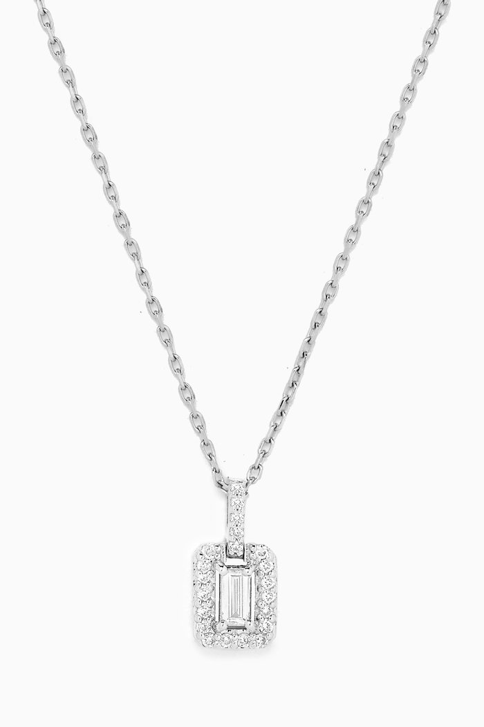 

Mystery Set Single Frame Sapphire & Diamond Pendant Necklace in 14kt White Gold, Silver