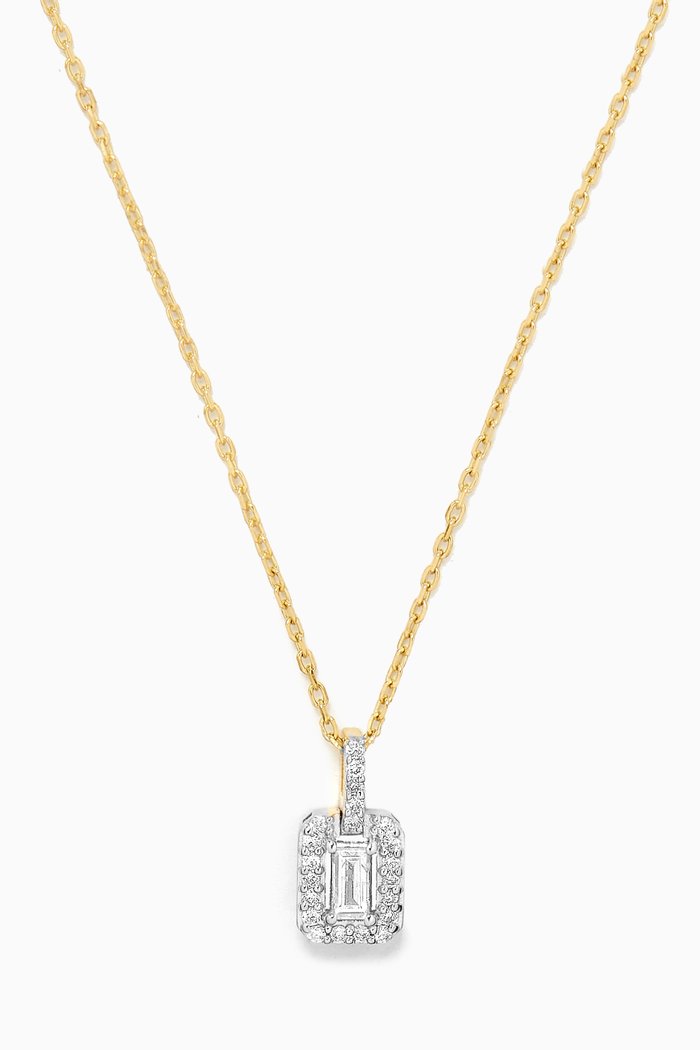 

Mystery Set Single Frame Emerald & Diamond Pendant Necklace in 14kt Gold, Yellow
