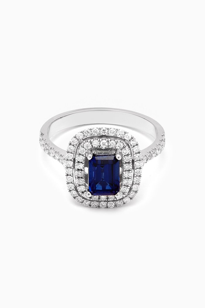

Mystery Set Double Frame Sapphire & Diamond Ring in 14kt White Gold, Silver