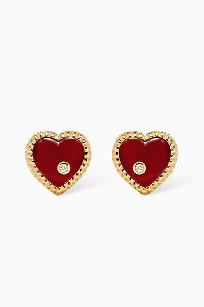 

Dome Heart Agate & Diamond Studs in 18kt Gold, Red