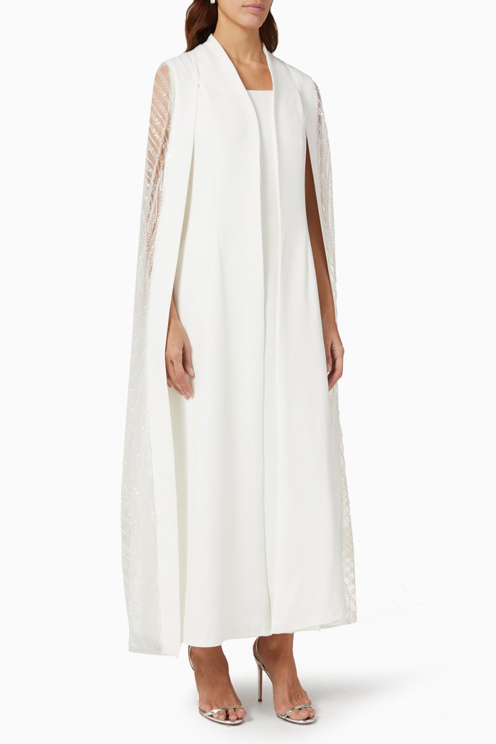 

Bardot Beaded Mesh Cape-sleeve Abaya Set, White