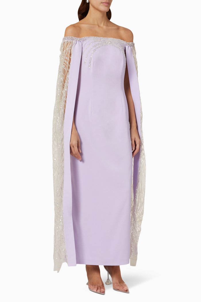 

Beaded Mesh Off-shoulder Gown, Purple