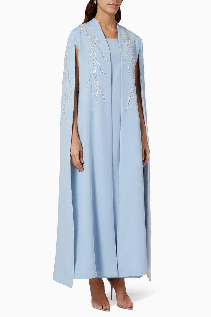 

Crystal-embellished Cape-sleeve Abaya Set, Blue