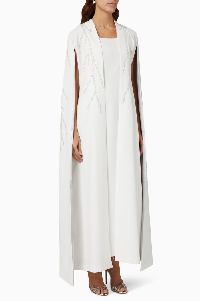 

Crystal-embellished Cape-sleeve Abaya Set, White