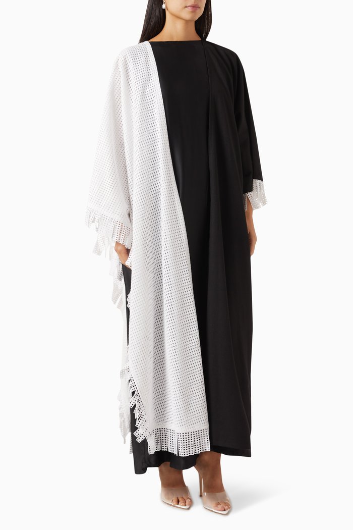 

Fringed Abaya Set in Linen-blend, Black