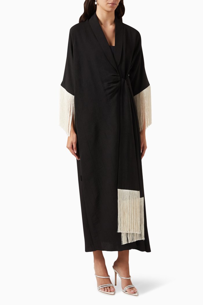 

Fringed Twist Abaya in Crepe, Black
