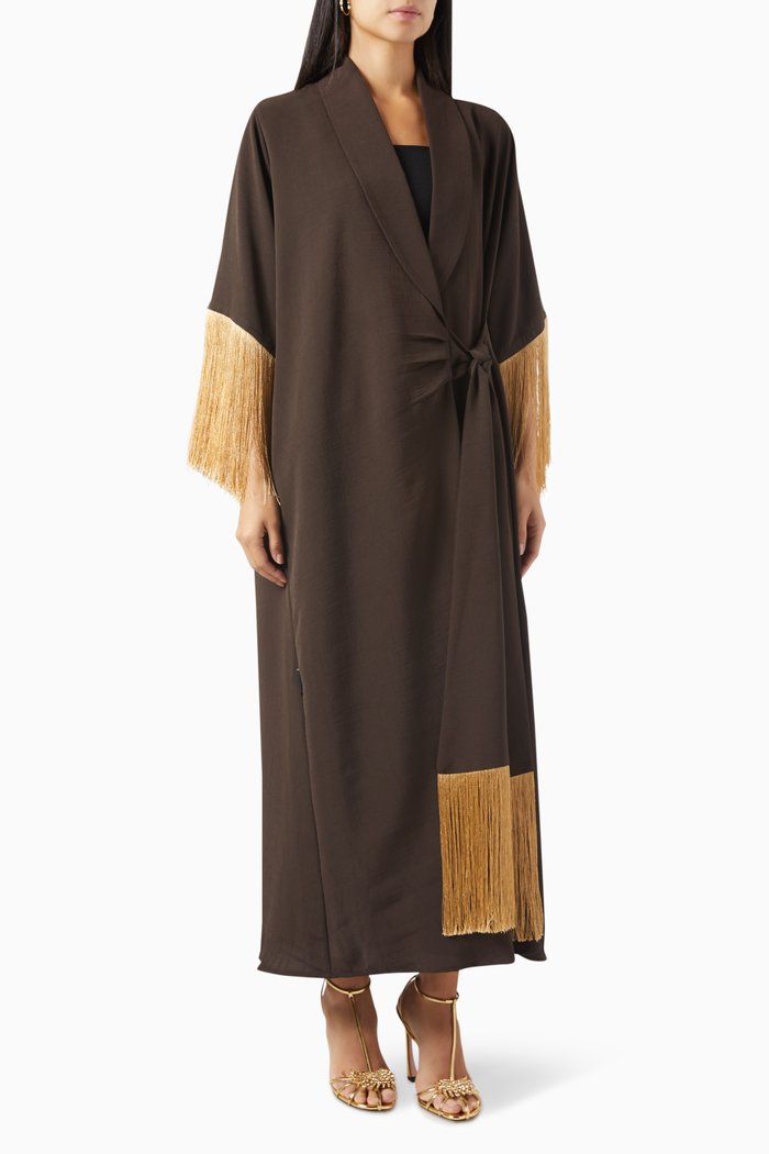 Fringed Twist Abaya in Crepe, Brown