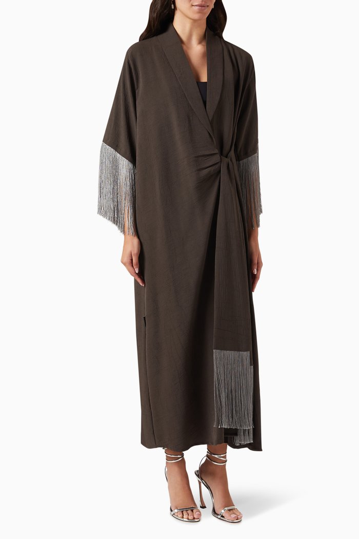

Fringed Twist Abaya in Crepe, Grey