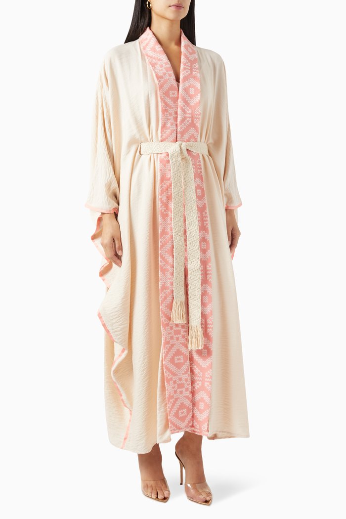

Belted Embroidered Abaya in Linen, Pink