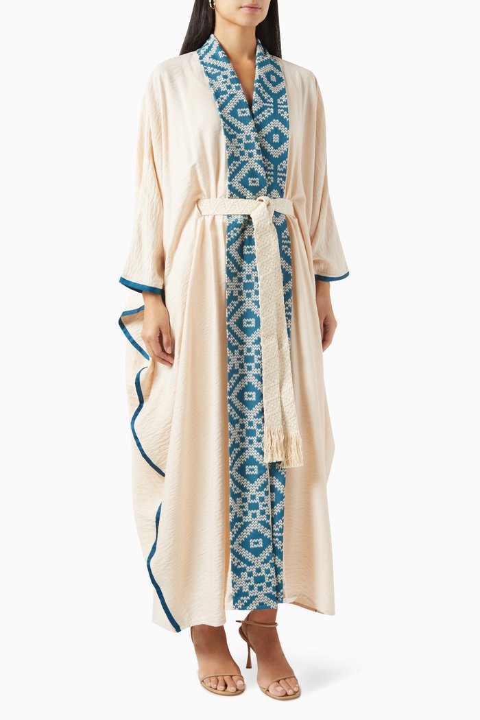 

Belted Embroidered Abaya in Linen, Blue