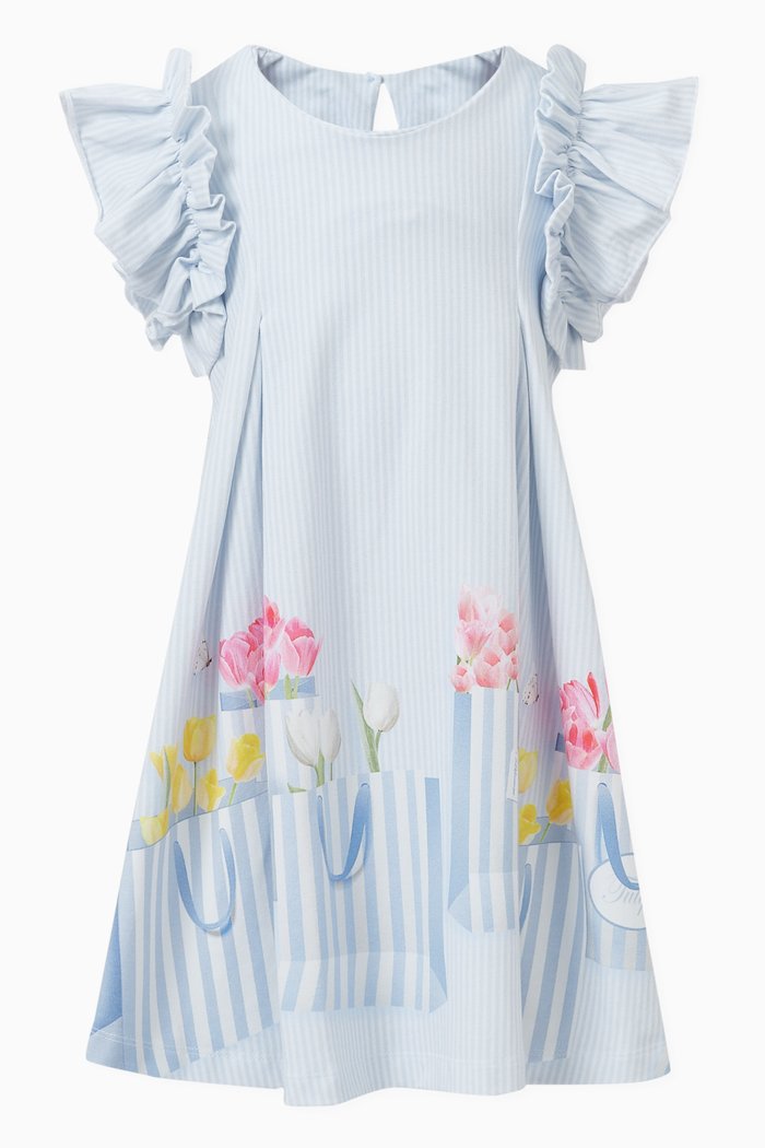 

Floral-print Ruffle Dress in Cotton, Blue