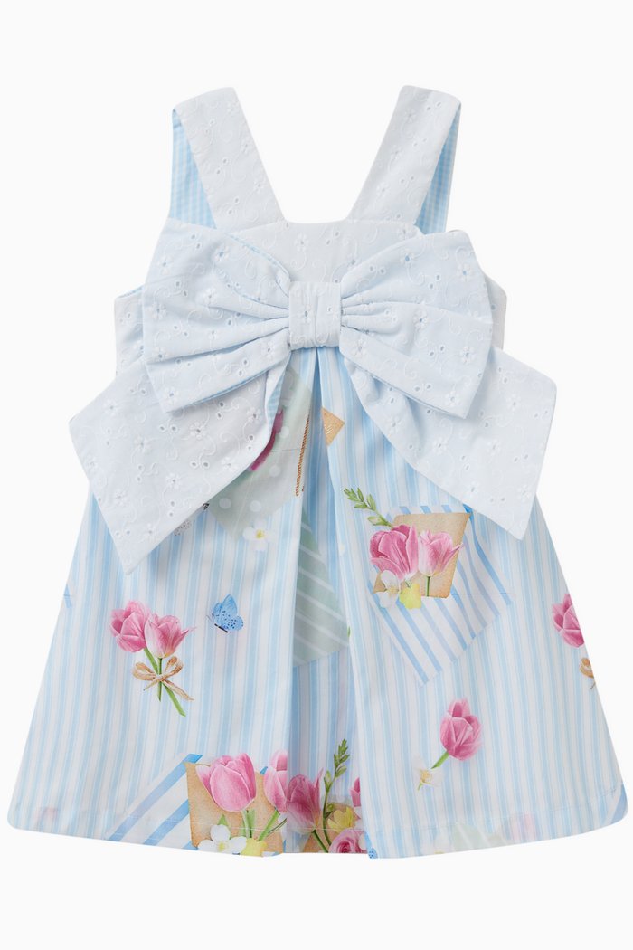 

Striped Floral Bow Dress in Cotton, Blue