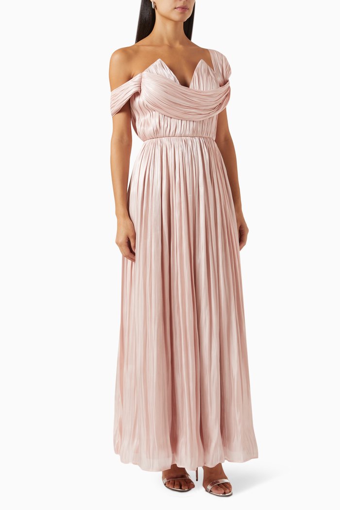 

Asymmetrical Draped Knot Maxi Dress in Organza, Pink