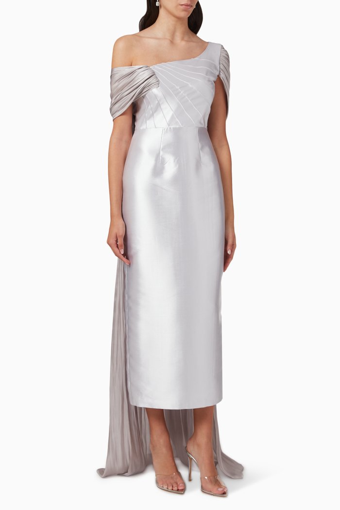 

One-shoulder Cape Midi Dress in Satin & Metallic Organza, Silver