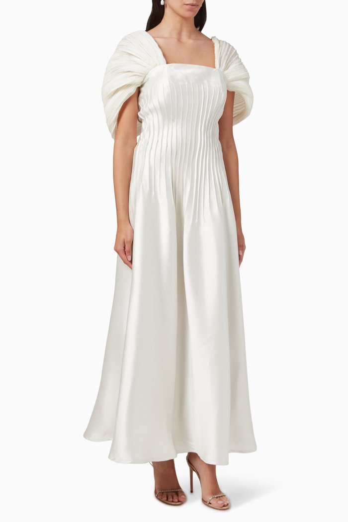 Pintuck Gown in Satin, Neutral